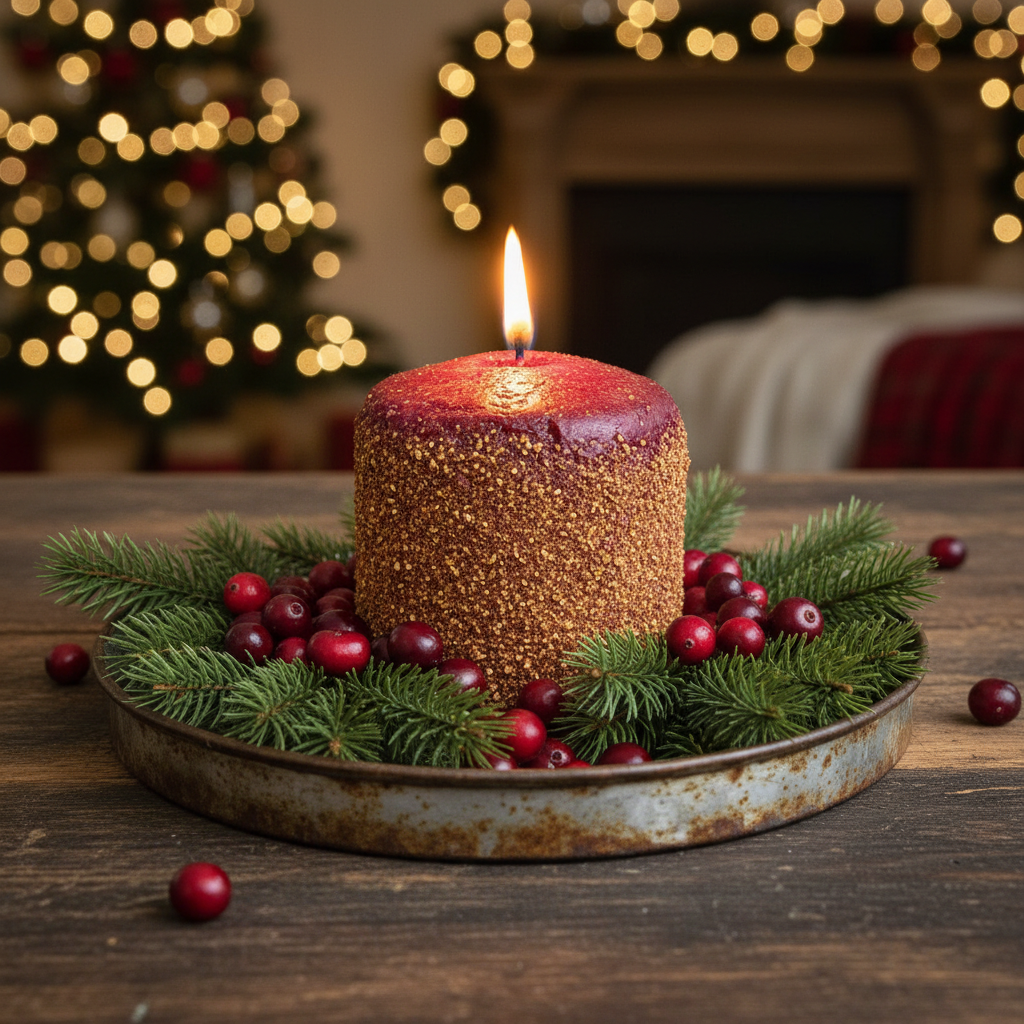 Decorative candle with greenery and berries on a wooden surface, with a blurred Christmas tree and fireplace in the background.