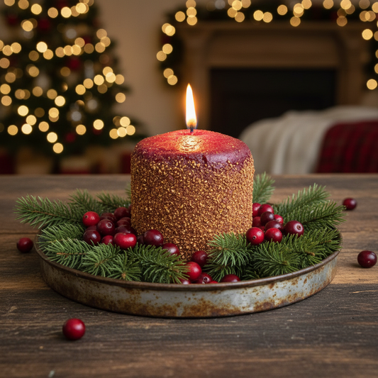 Decorative candle with greenery and berries on a wooden surface, with a blurred Christmas tree and fireplace in the background.