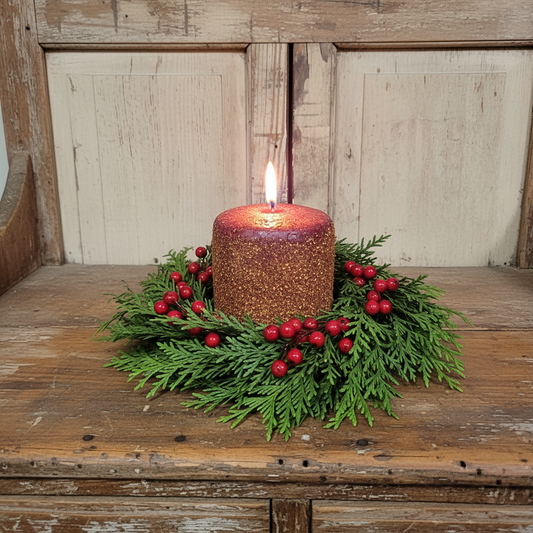 Decorative candle with greenery and berries on a wooden surface