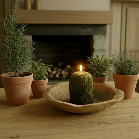 Wooden chest on a wooden floor with potted plants and a candle in the background.