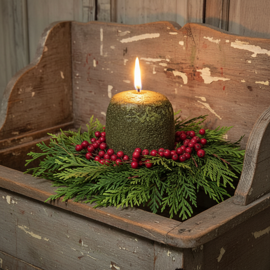 Decorative candle with green wax, surrounded by red berries and greenery, in a rustic wooden box.