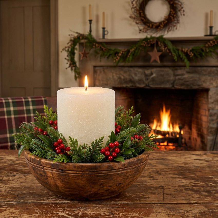A lit white pillar candle centered in a rustic wooden bowl filled with green pine branches and red berries, photographed in a cozy room.