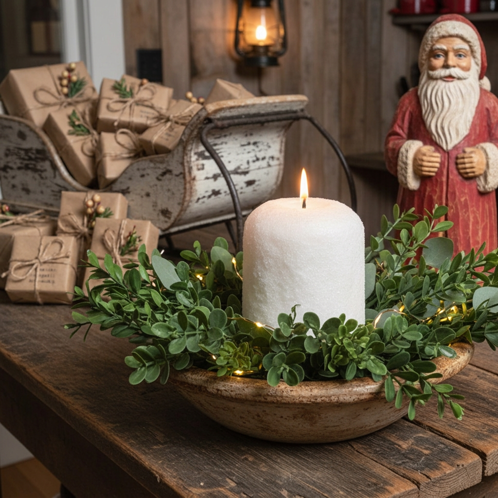 Decorative setup with a lit candle in a wooden bowl, surrounded by greenery on a rustic wooden table.