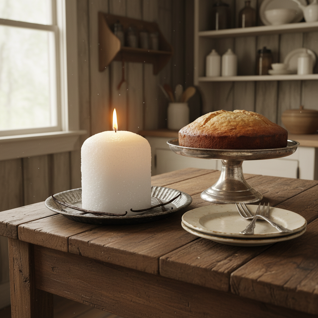 Candle and cake on a wooden table with a warm, cozy atmosphere