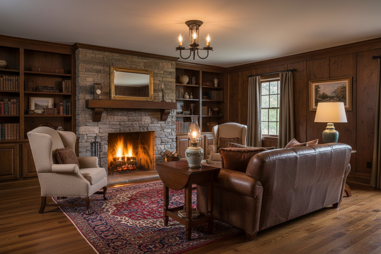 Cozy living room with fireplace, bookshelves, and comfortable furniture.
