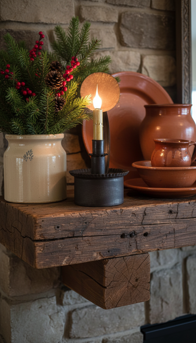 Decorative setup with a candle, pots, and greenery on a wooden shelf against a stone wall.