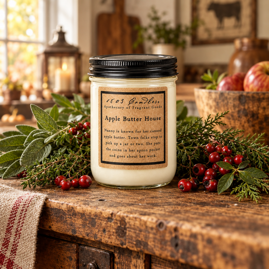 A glass jar candle with a black lid and a brown paper label reading '1167 Candle Apothecary of Fragrant Goods' and 'Apple Butter House,' styled on a rustic wooden table with evergreen branches, red berries, and a burlap cloth in a warm indoor setting.