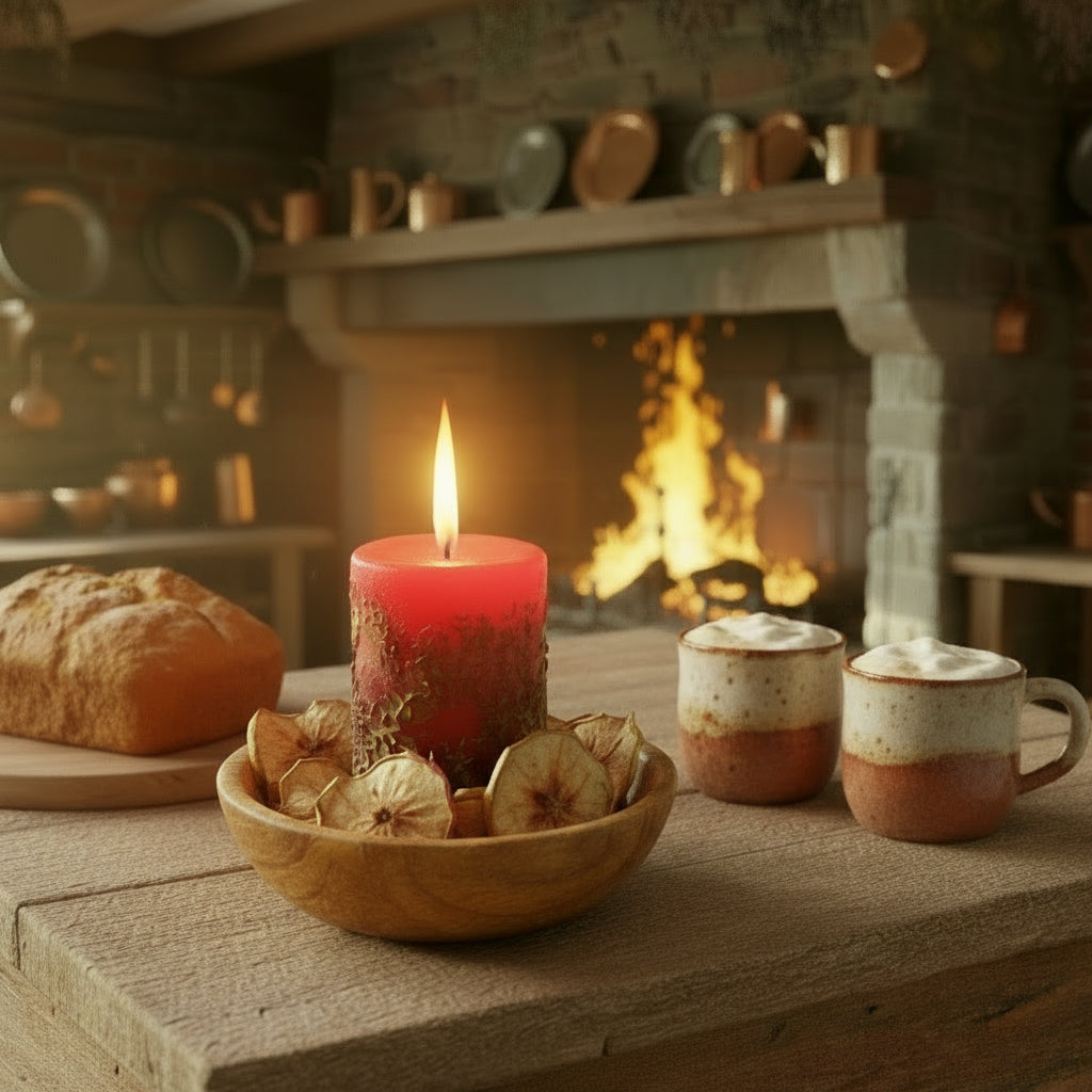 Burning candle on a table with bread and coffee in a room setting.
