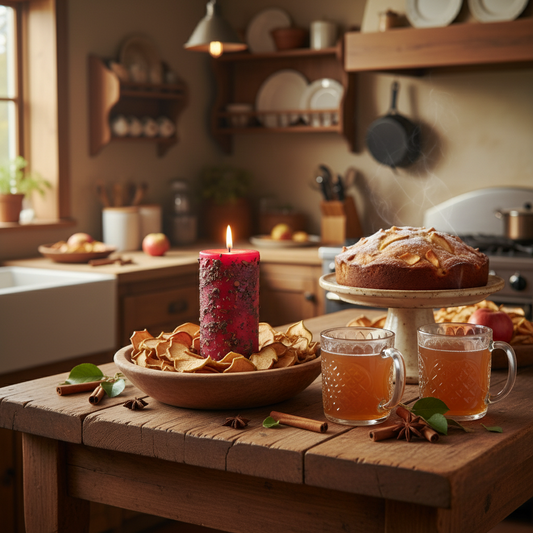 Cozy kitchen scene with a candle, cookies, and drinks on a wooden table.