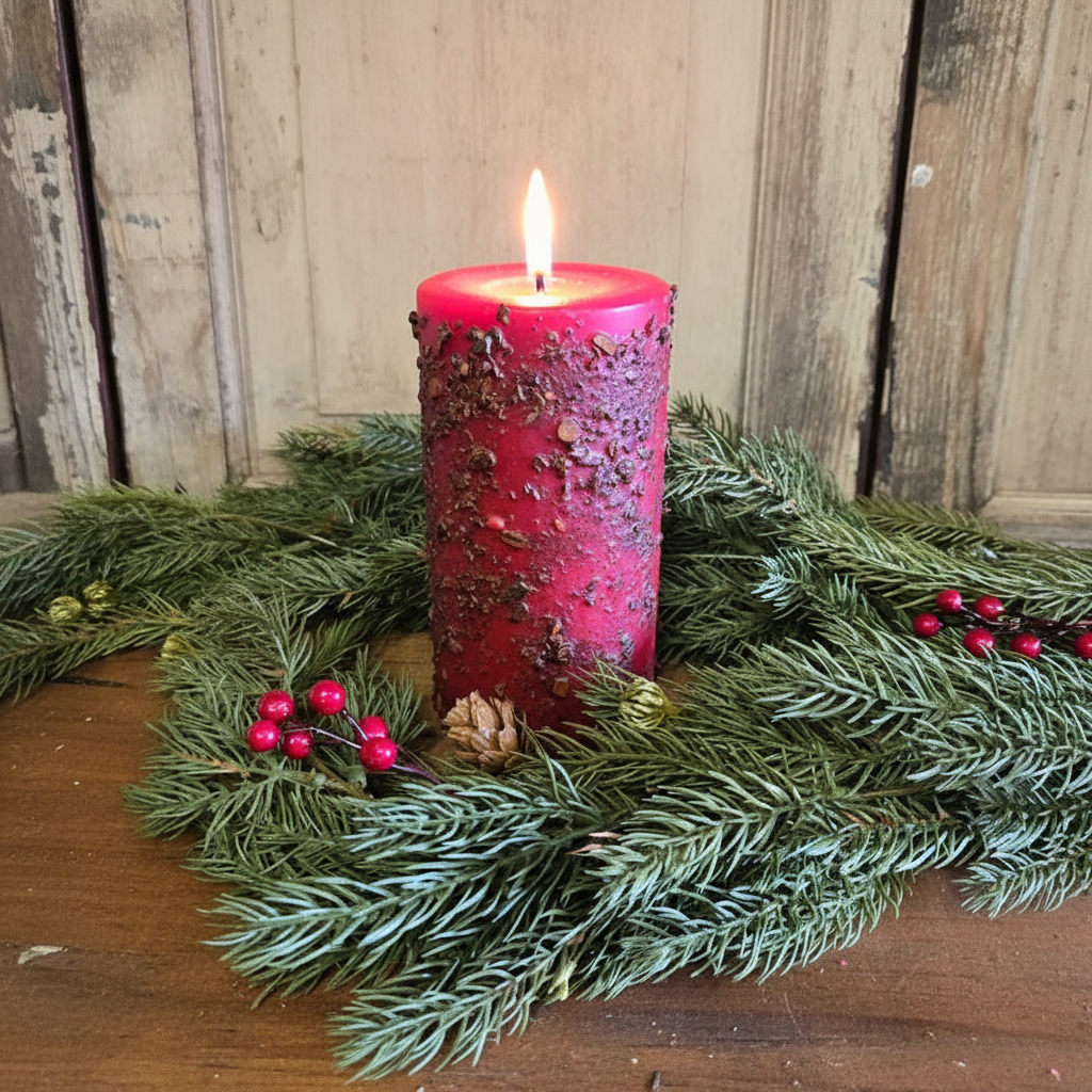 Pink candle with a wooden texture surrounded by greenery on a wooden surface.