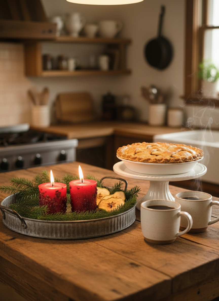 Cozy kitchen scene with a pie on a stand, candles, and coffee on a wooden table.