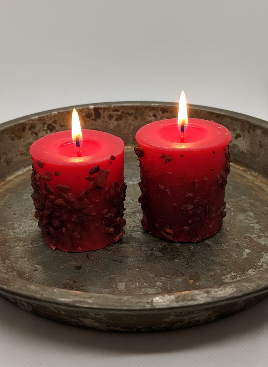 Two red candles with textured sides on a metal tray against a light background