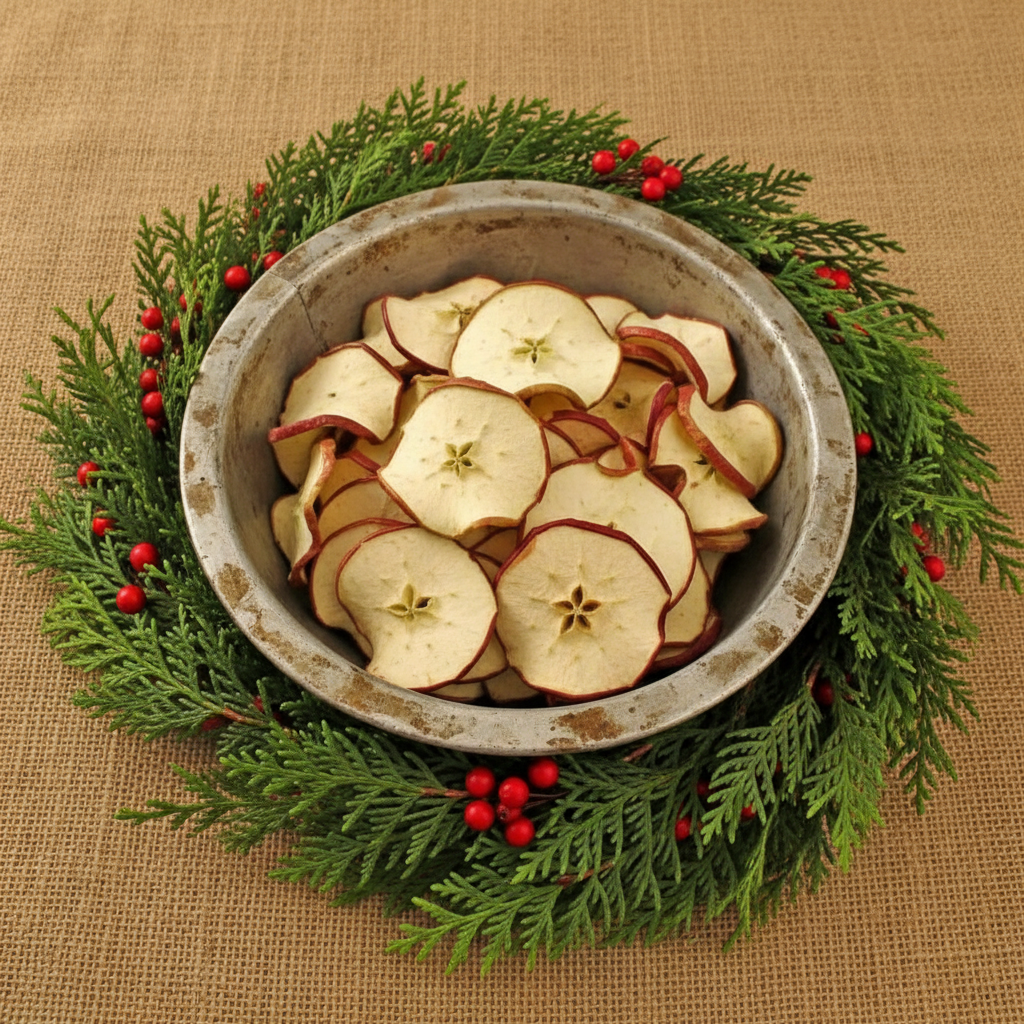 Bowl of sliced apples surrounded by greenery and red berries on a beige background