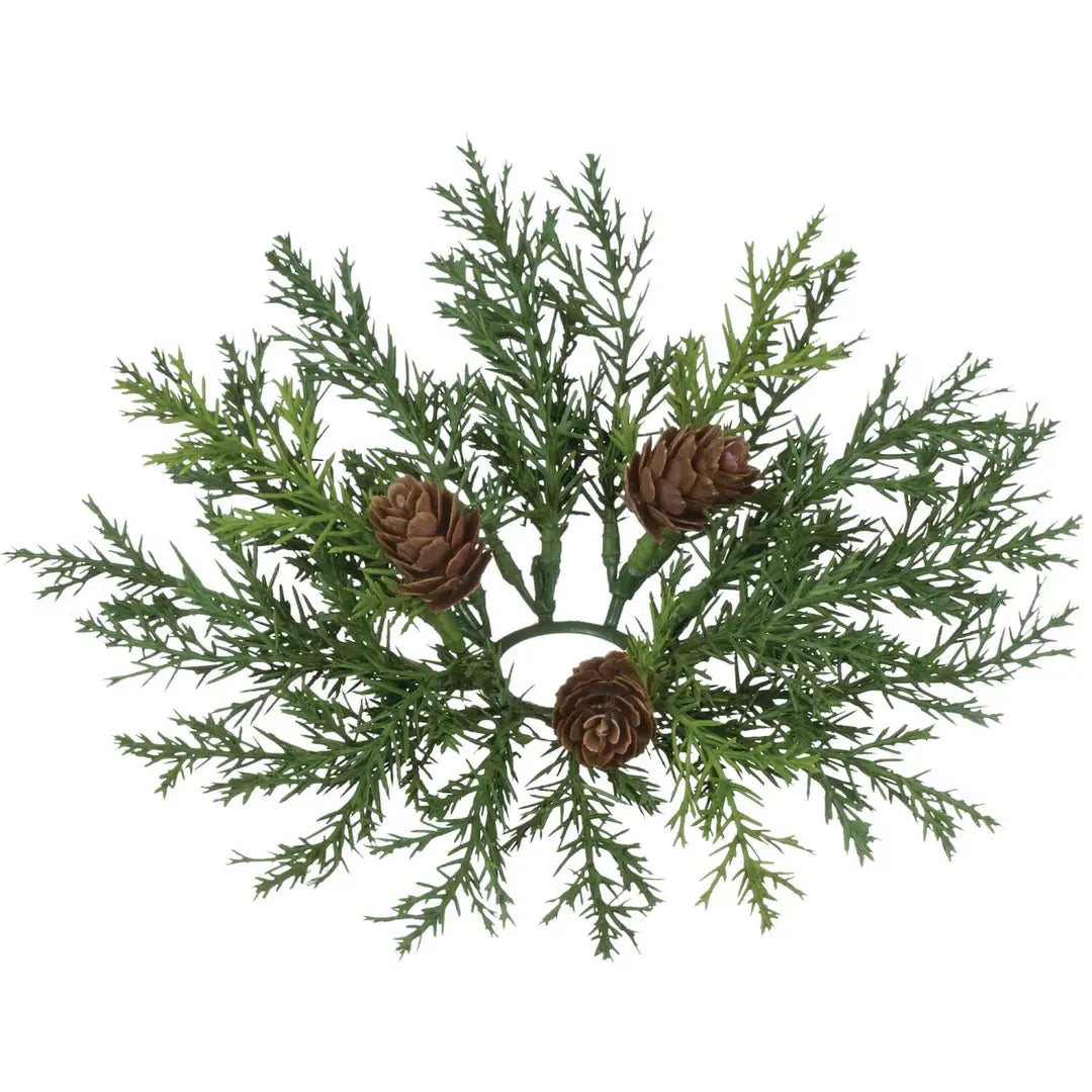 Decorative arrangement of green branches with pine cones on a white background