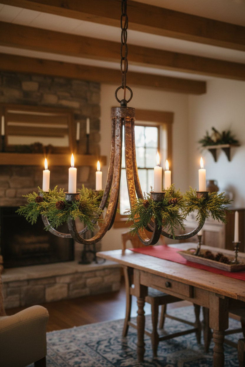 Decorative chandelier with candles and greenery in a cozy living room setting.