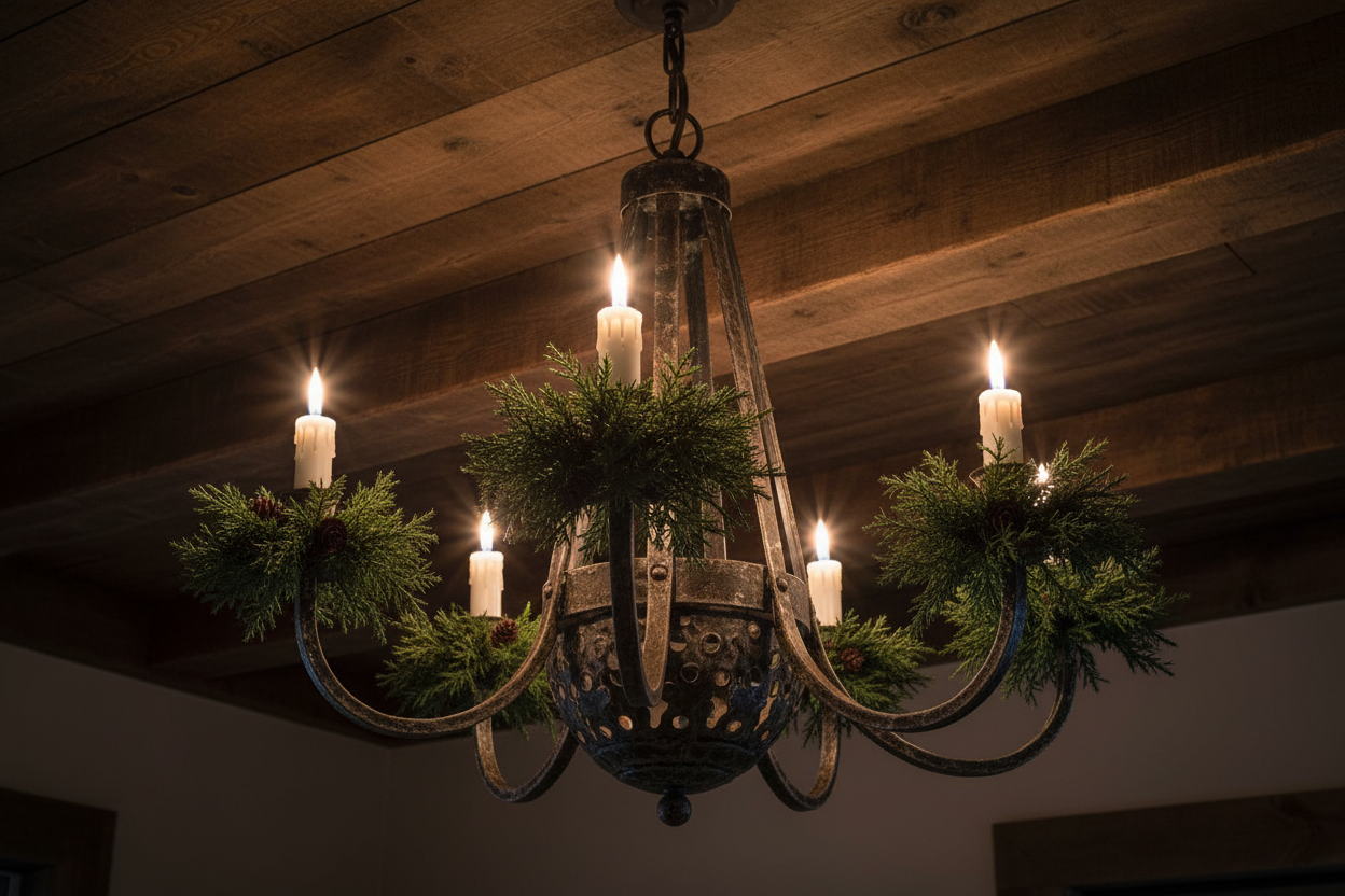 Decorative chandelier with candles and greenery against a wooden ceiling.