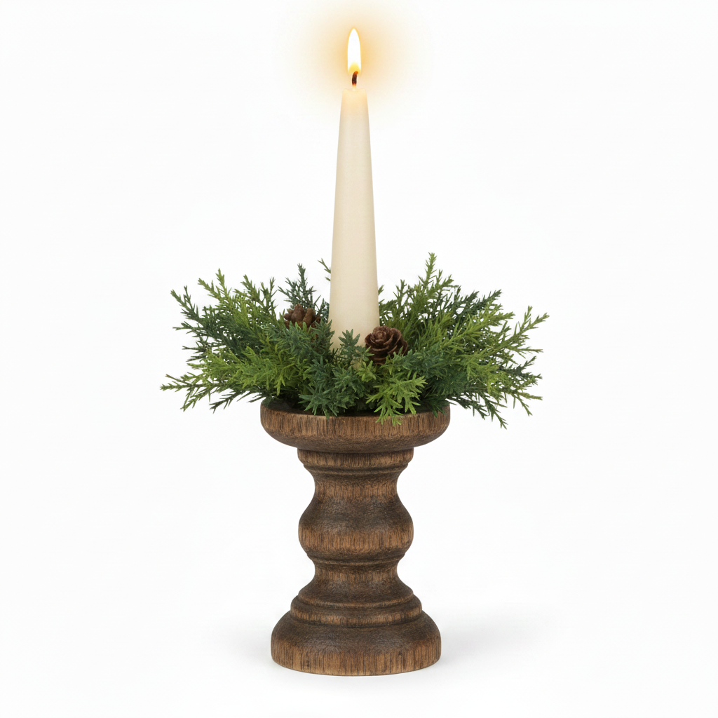 Decorative candle holder with a white candle and greenery on a white background