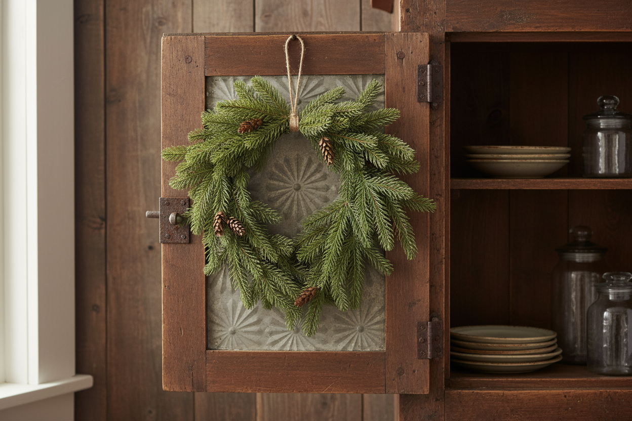 Green wreath hanging on a wooden cabinet with a rustic interior.