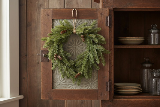 Green wreath hanging on a wooden cabinet with a rustic interior.