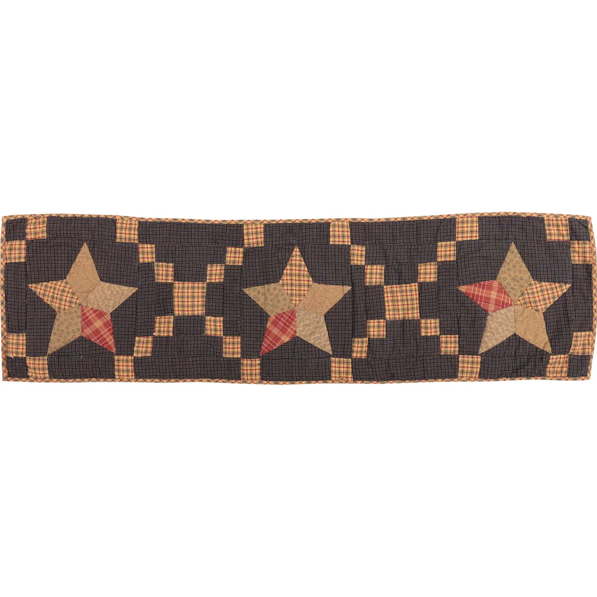 Full view of Arlington Star table runner with three patchwork stars, tan plaid squares, and matching plaid binding.