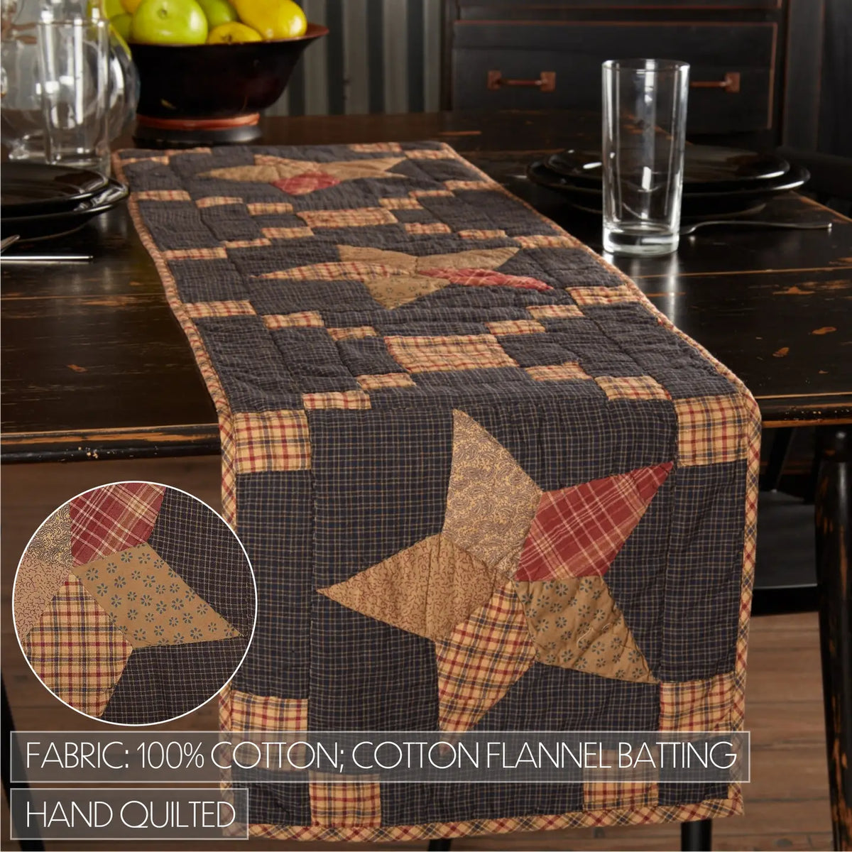 Arlington Star table runner on a dining table with a fabric detail inset; text notes 100% cotton, cotton flannel batting, and hand quilting.