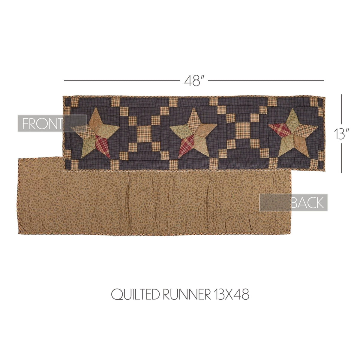 Front and back views of Arlington Star quilted table runner, with dimensions marked 13 inches wide by 48 inches long.