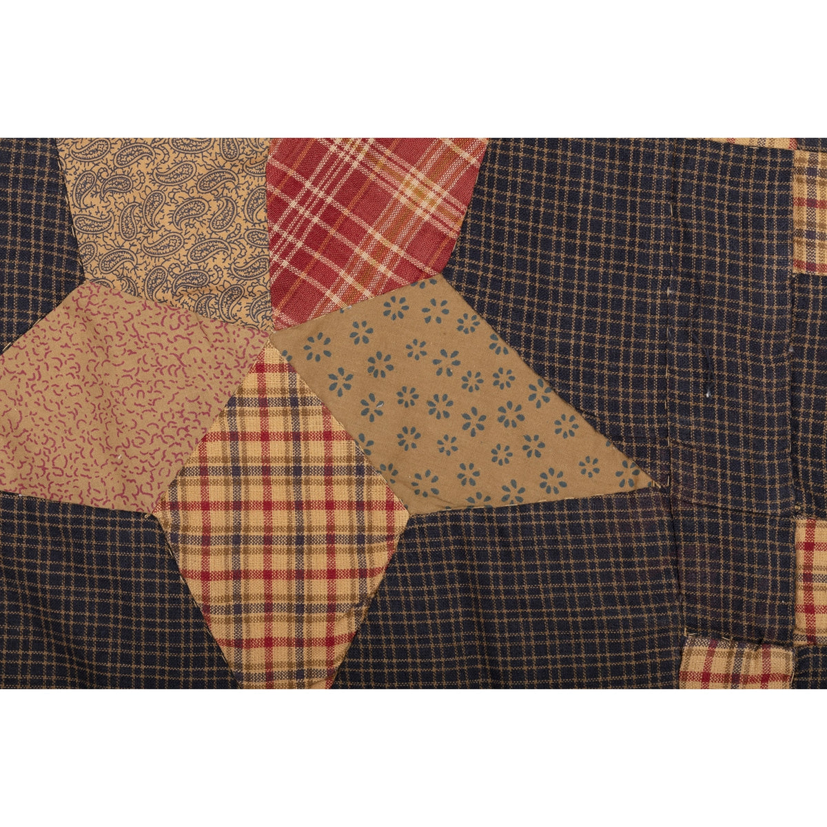 Close-up of a patchwork star with red plaid, tan floral, and paisley fabrics against the runner’s dark plaid background.⠋

