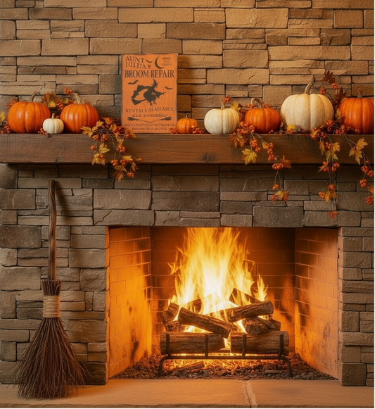 Fireplace with stone surround, lit fire, pumpkins on mantel, and Halloween-themed decor.