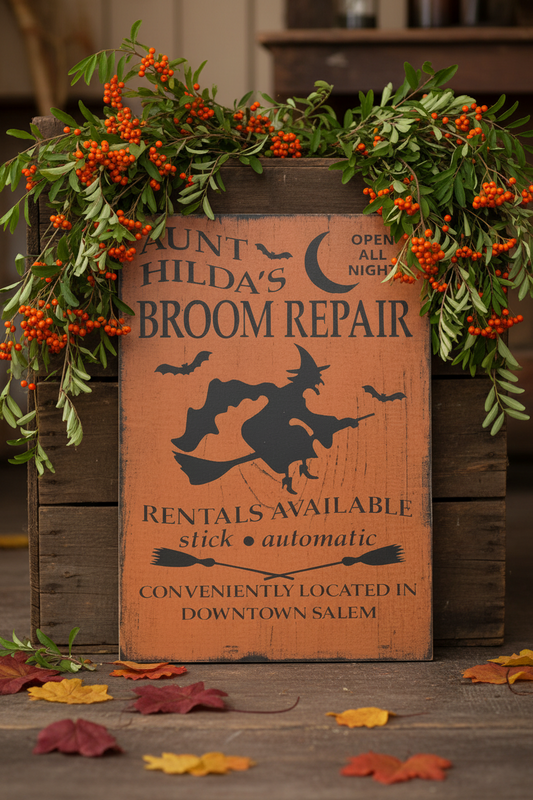 Aunt Hilda's Broom Repair Primitive Wood Sign