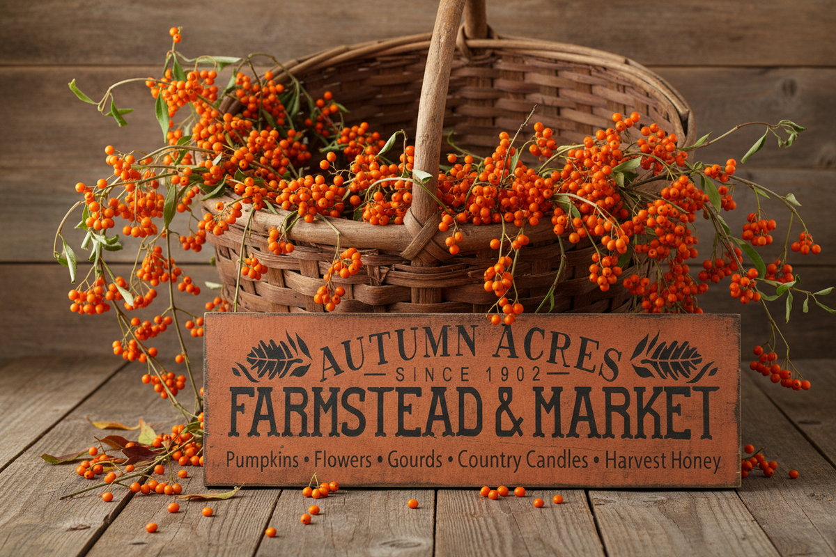 A rustic wicker basket filled with bright orange berries and green leaves sits on a wooden surface, with a wooden sign in front reading 'Autumn Acres Farmstead & Market' and 'Pumpkins • Flowers • Gourds • Country Candles • Harvest Honey'.