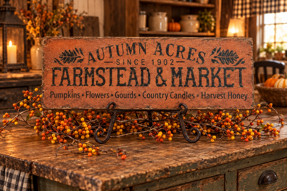 A rustic wooden sign reading 'Autumn Acres Farmstead & Market' with smaller text below, displayed on a table in a warm, decorated farmhouse-style room with berries and pumpkins around it.