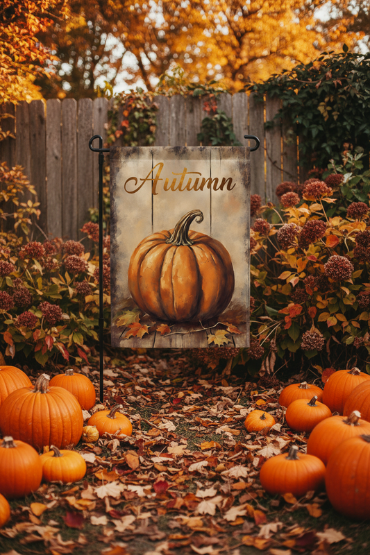 Decorative garden flag with a pumpkin and 'Autumn' text, surrounded by pumpkins and fall foliage.