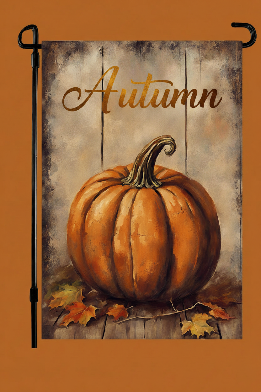 Decorative garden flag with a pumpkin and 'Autumn' text on a wooden background, branded by Homestead.