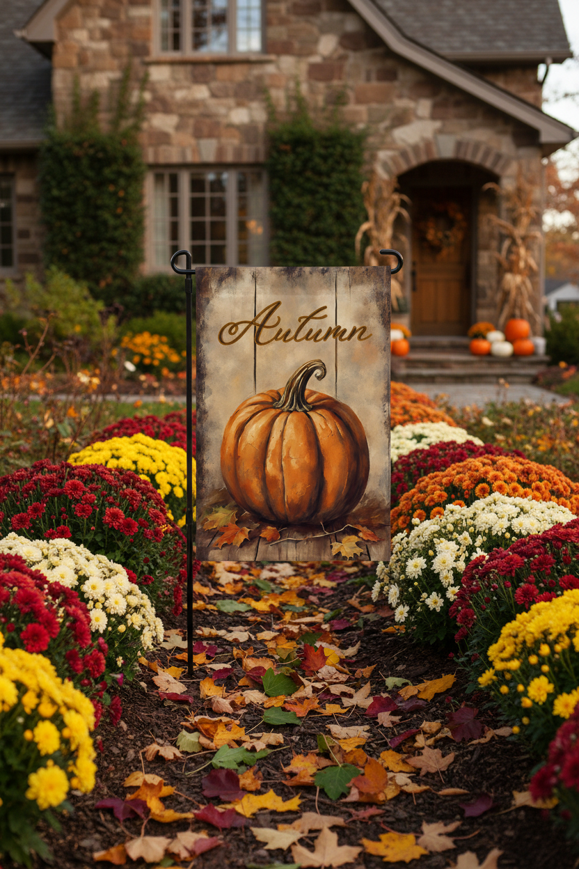 An autumn-themed garden flag featuring a large orange pumpkin and the word 'Autumn' in script, displayed on a black metal stand in a flower bed with mums and fallen leaves in front of a stone house.