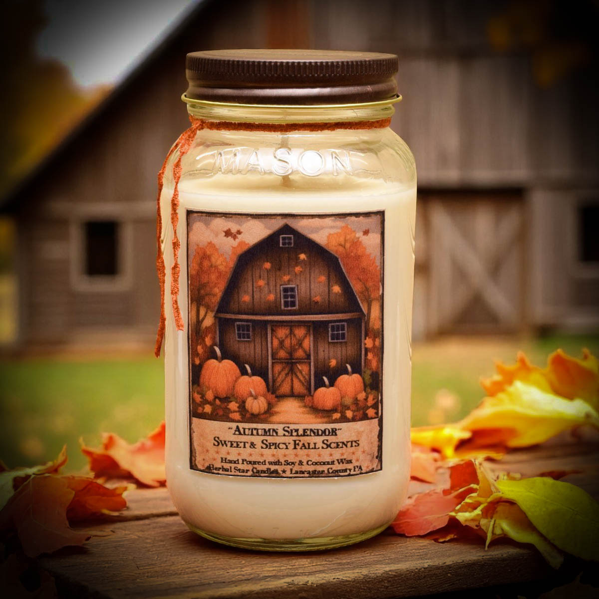 Jar candle with a fall-themed label featuring pumpkins and a barn, placed on a wooden surface with leaves.
