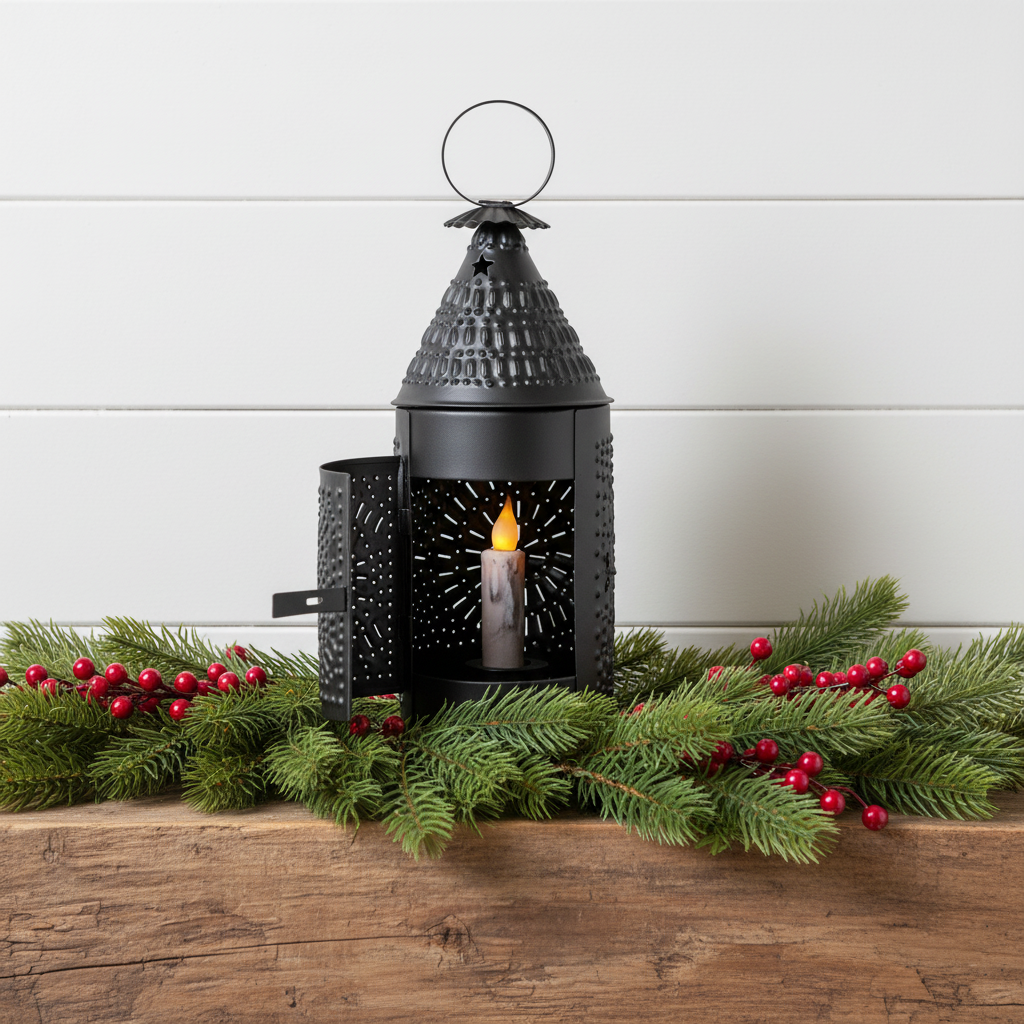 Black decorative lantern with a lit candle on a wooden surface with greenery and berries.