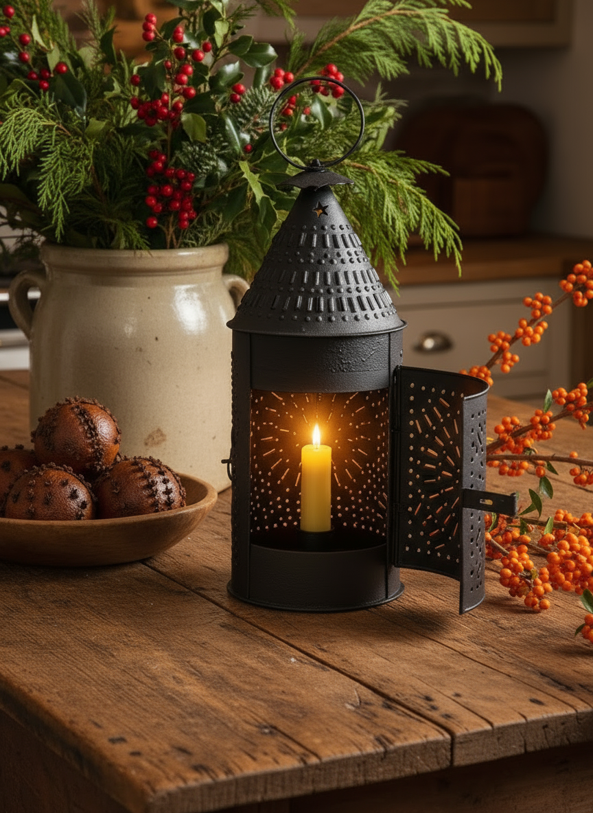 Decorative black lantern with a lit candle on a wooden table, surrounded by plants and berries.