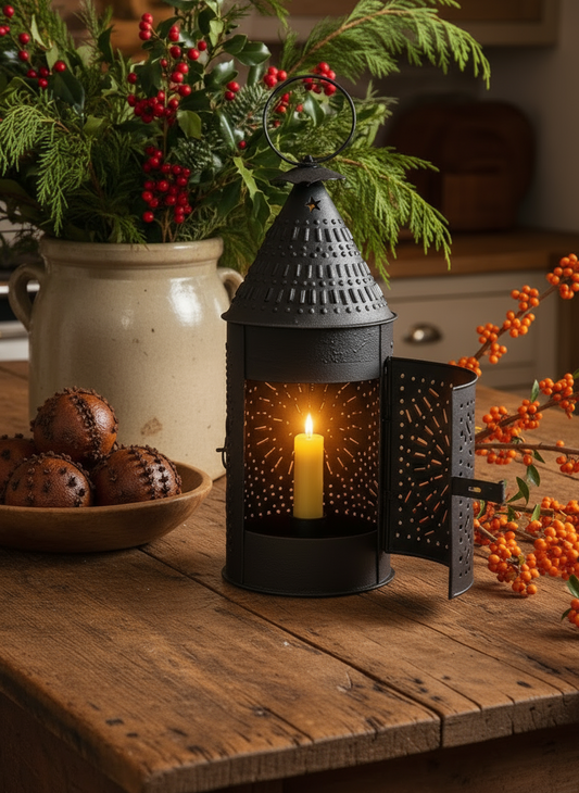 Decorative black lantern with a lit candle on a wooden table, surrounded by plants and berries.
