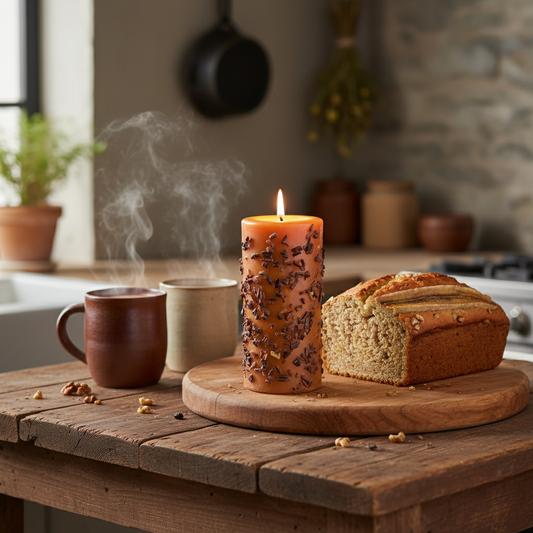 Candle with steam, bread, and mugs on a wooden table in a kitchen setting