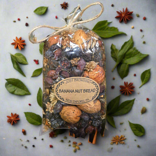 Bag of banana nut bread spice mix with decorative elements on a light background