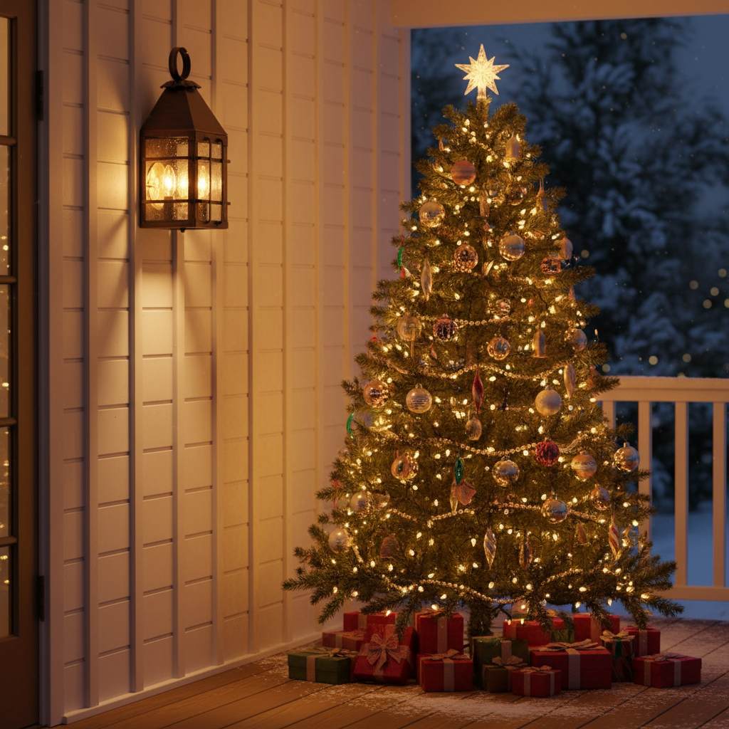 Decorated Christmas tree with lights and ornaments on a porch at night.