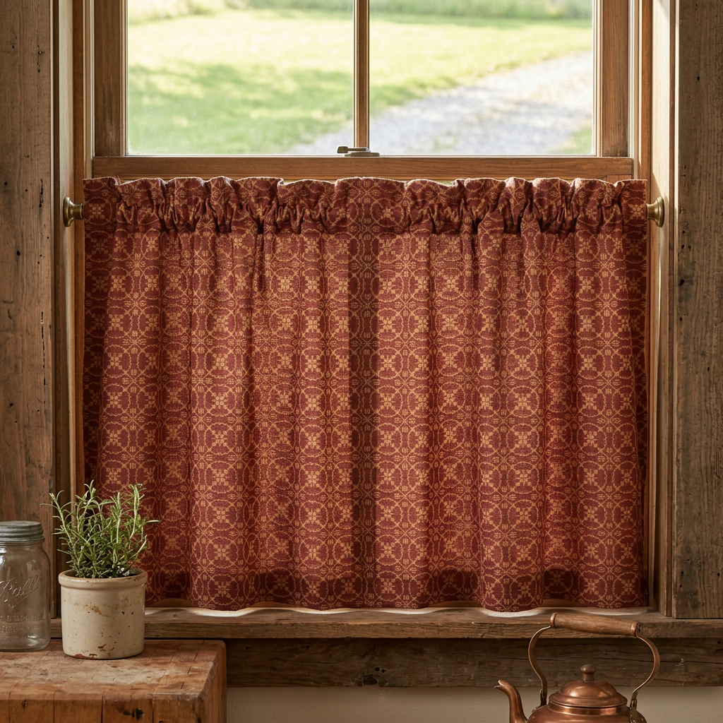 Barn red and tan Marshfield jacquard tier curtains with gathered tops covering the lower half of a rustic wooden window.