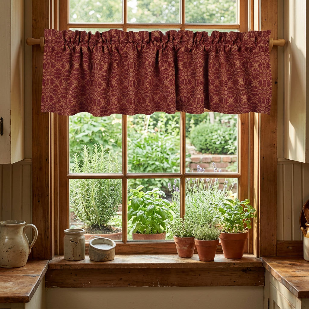 Barn red and tan Marshfield jacquard valance with a gathered top hanging across a wooden kitchen window above potted herbs.