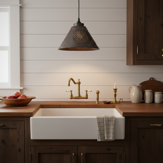Kitchen with white sink, wooden cabinets, and pendant light.