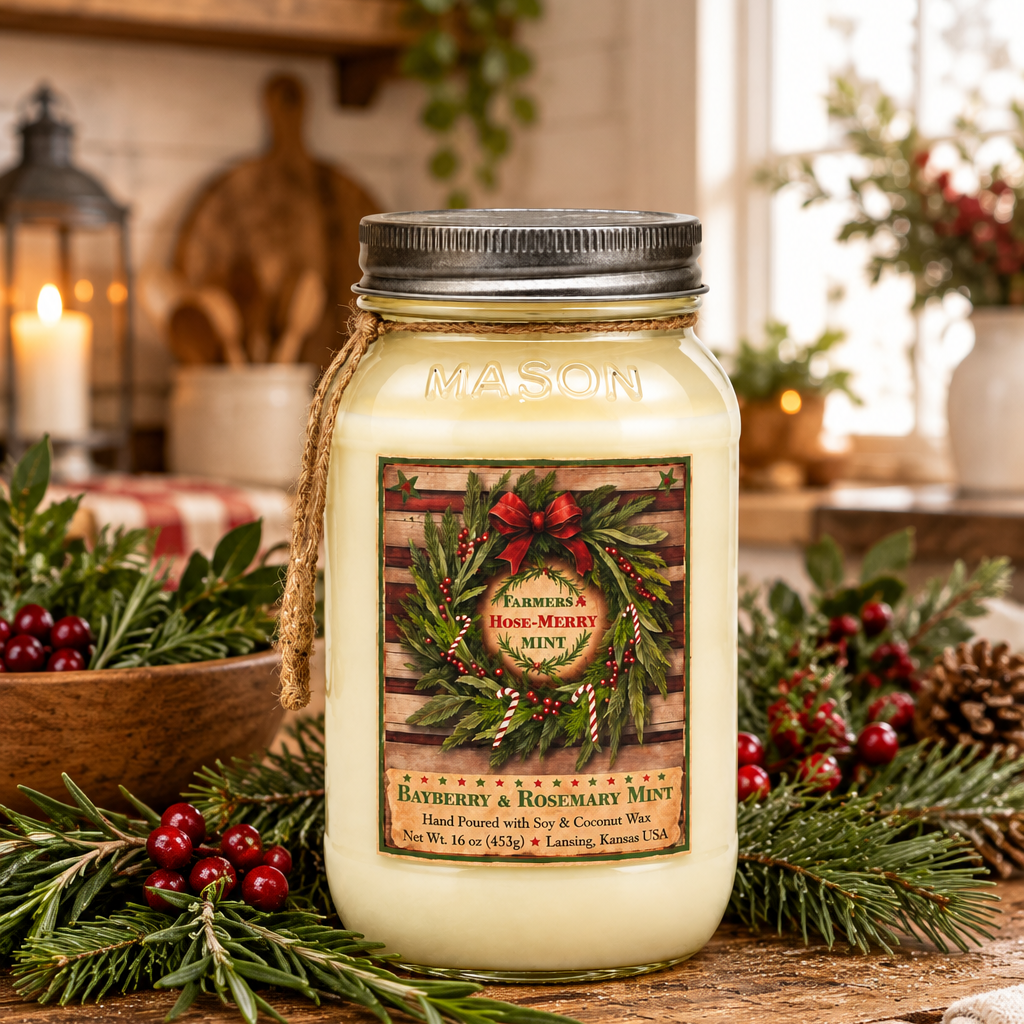 A large cream-colored Mason jar candle with a silver metal lid sits on a rustic wooden table decorated with pine branches, red berries, and holiday greenery. The front label reads 'Farmhouse Holiday Scented Candle' and 'Raspberry & Rosemary Mint'.