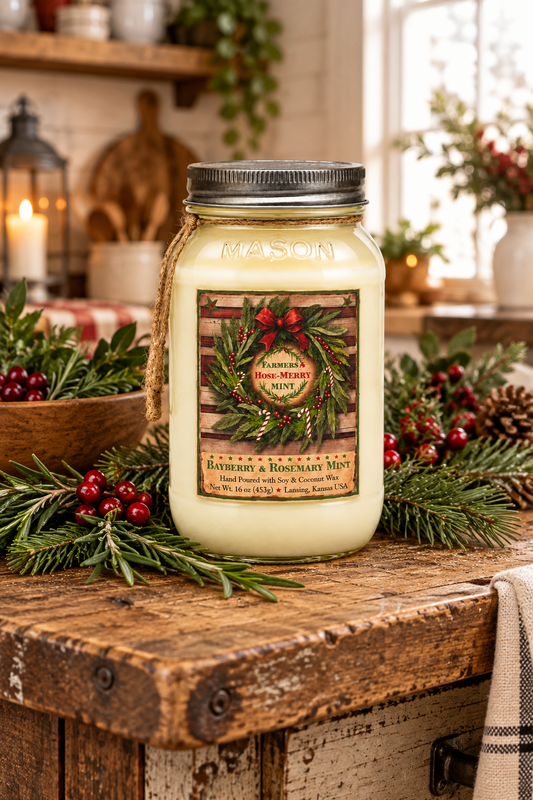 A large cream-colored Mason jar candle with a silver metal lid sits on a rustic wooden table decorated with pine branches, red berries, and holiday greenery. The front label reads 'Farmhouse Holiday Scented Candle' and 'Raspberry & Rosemary Mint'.