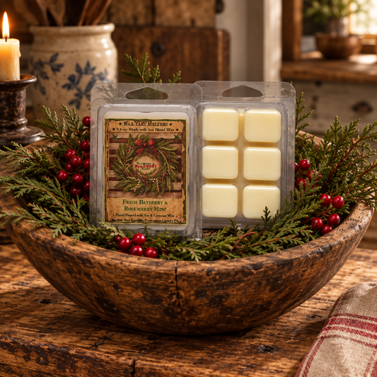 A packaged wax melt set displayed in a rustic wooden bowl filled with evergreen branches and red berries. The set includes a single scented melt card and a clear plastic tray with six pale cream wax cubes.