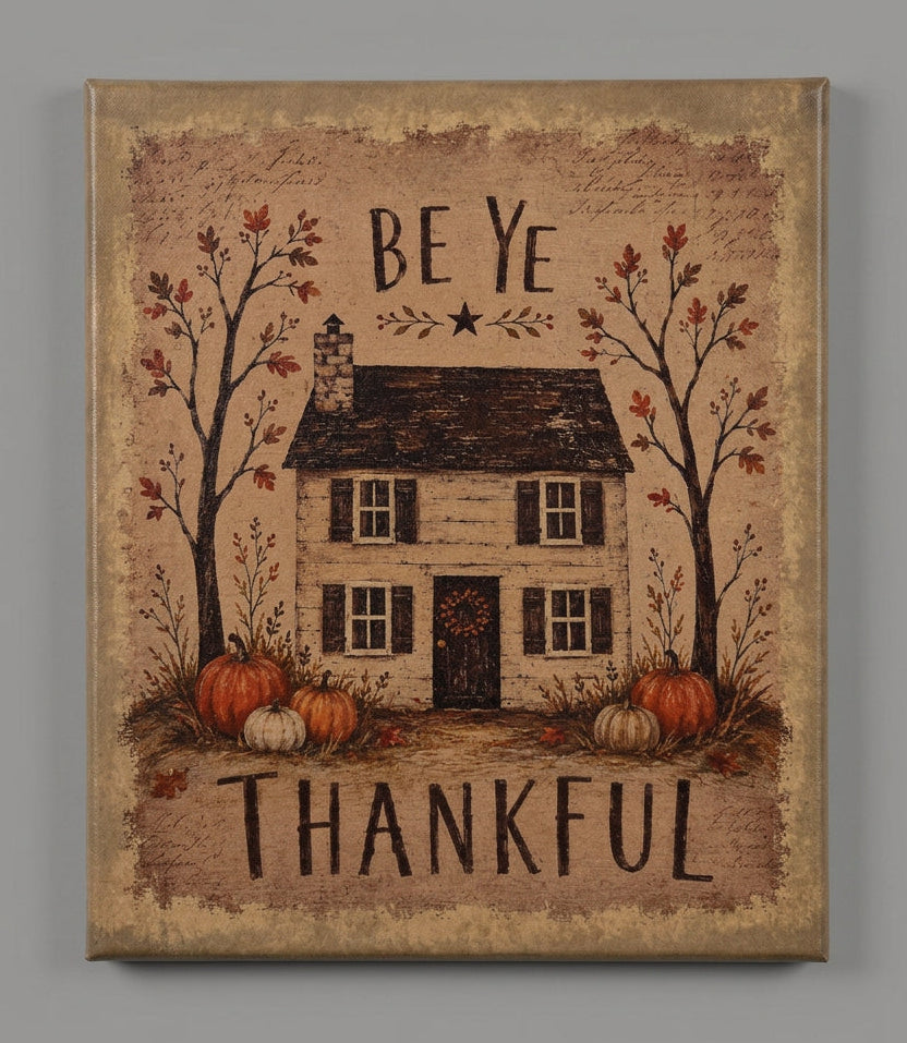 Be Ye Thankful” canvas print featuring a rustic farmhouse, autumn trees, and orange and white pumpkins on an aged tan background.
