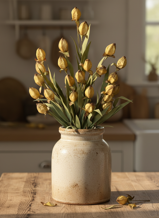 Yellow tulips in a ceramic vase on a wooden table with a kitchen background