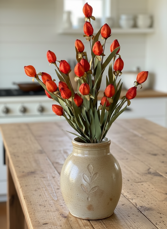 Vase with red tulips on a wooden table in a kitchen